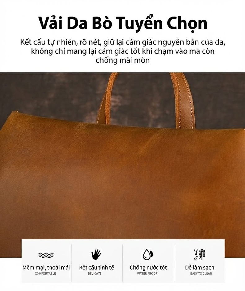 Balo Da Bò Nam Nữ Lớn Phong Cách Retro Màu Nâu chi tiết 6