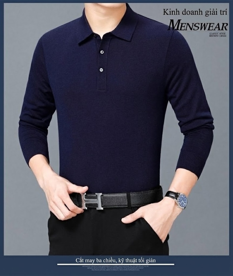 Áo Thun Polo Nam Dài Tay Cashmere Dáng Ôm Vừa Vặn Màu Đen, Đỏ, Xanh Dương, Xám... chi tiết 8