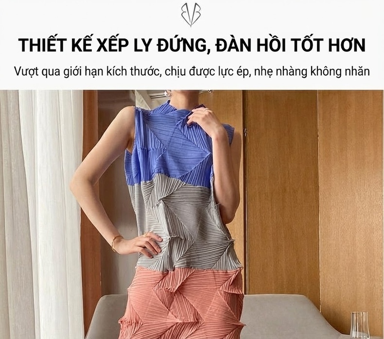 Váy Pleats Nữ Dáng Suông Không Tay Họa Tiết Kim Cương Màu Xám, Xanh Dương, Tím Than, Hồng chi tiết 2