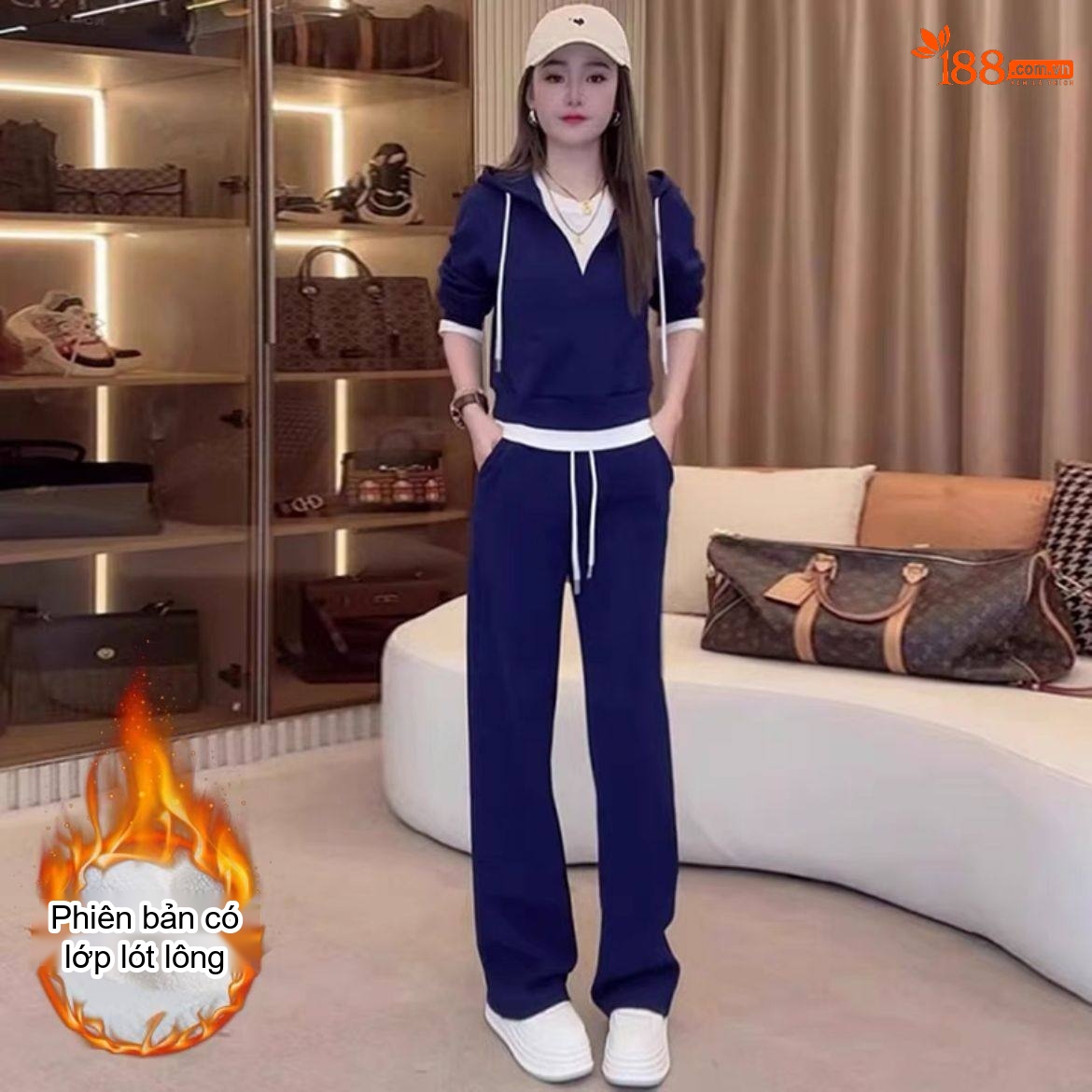 Bộ Đồ Nữ Áo Hoodie Có Mũ Quần Ống Rộng Lót Lông Phong Cách Tiểu Thư Màu Tím, Xanh Navy