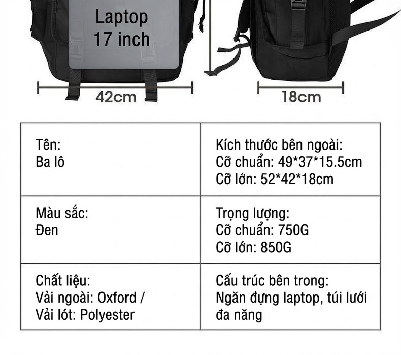 Balo Nam Đeo Lưng Vải Dù Chống Nước Chống Sốc Laptop Đi Học Du Lịch Leo Núi Màu Đen chi tiết 6