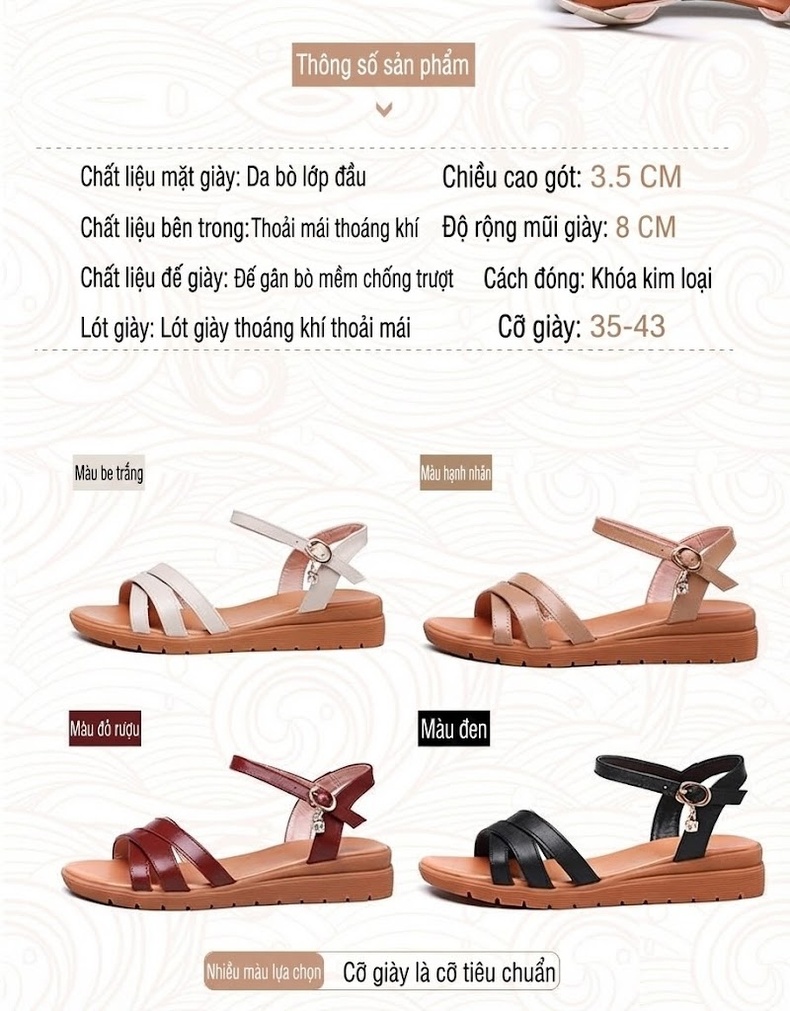Dép Sandal Nữ Da Thật Quai Chéo Đế Mềm Chống Trượt Đế Cao 3cm - 4cm Màu Đỏ, Nâu, Đen, Kem chi tiết 10