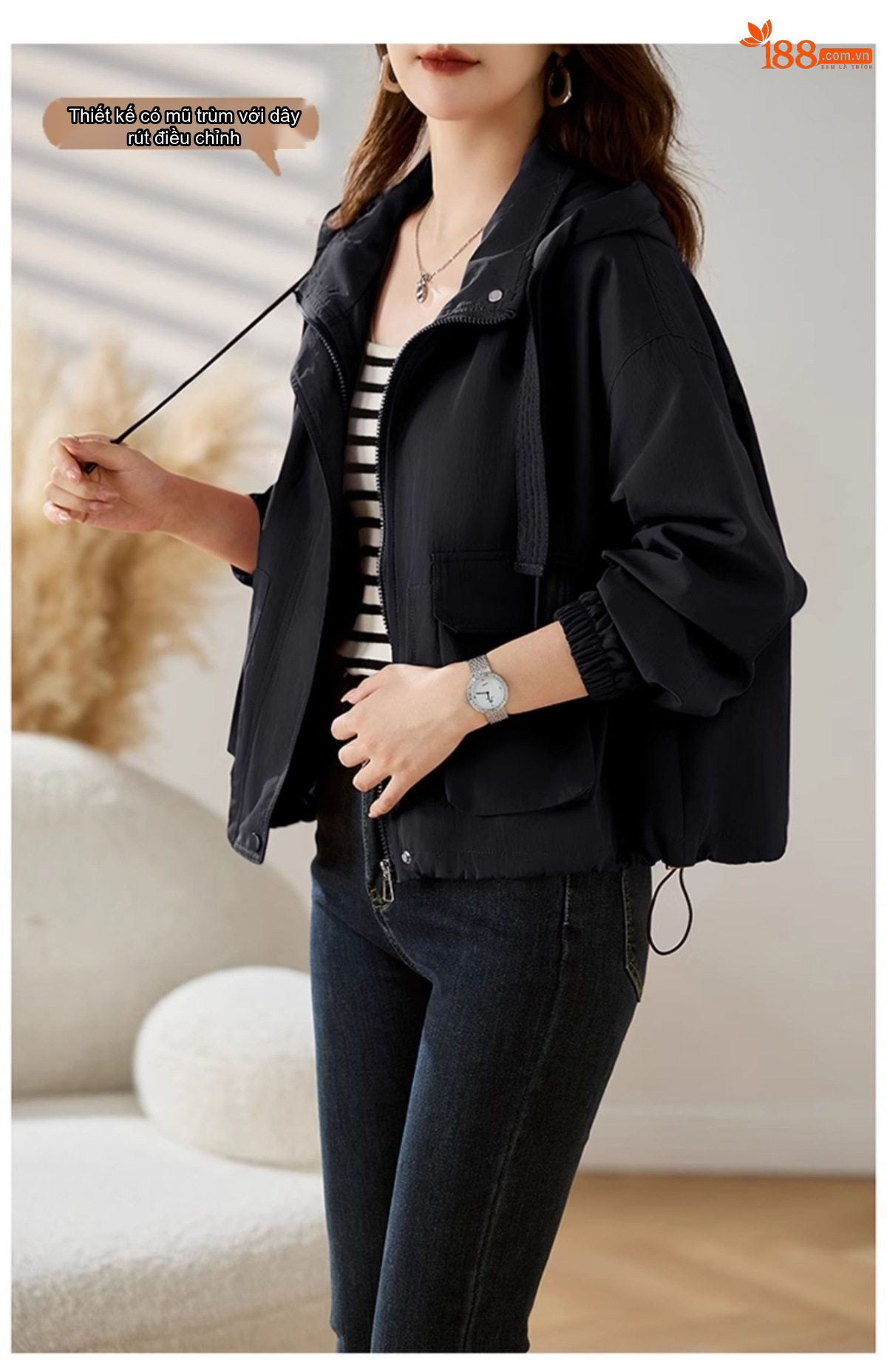 Áo Khoác Gió Nữ Form Ngắn Thiết Kế Túi Hộp Phong Cách Casual Màu Đỏ Gạch, Đen, Kem chi tiết 8
