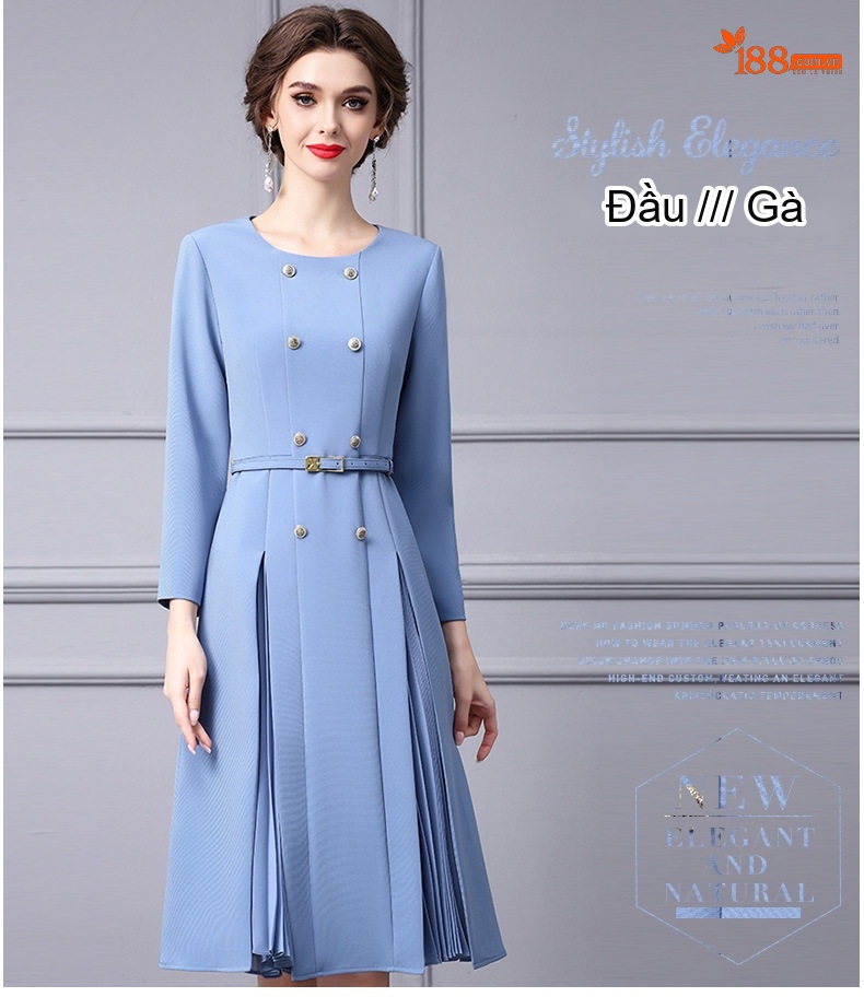 Váy liền thân Nữ dáng chữ A Chiết Ly Eo Thanh Lịch Màu Xanh, Nâu chi tiết 17