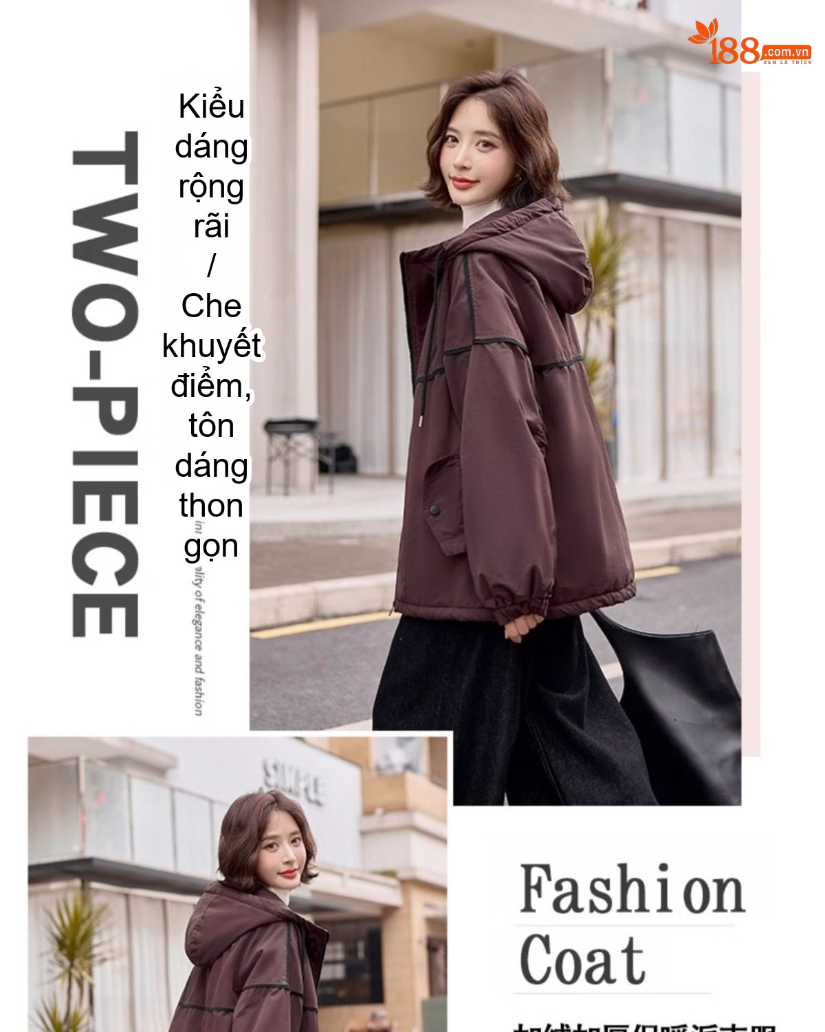 Áo Khoác Parka Nữ Lót Lông Dày Dặn Dáng Dài Màu Nâu chi tiết 6
