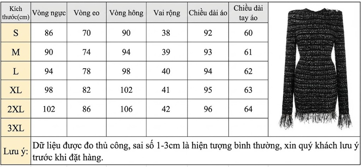 Váy liền thân Nữ Dệt Kim Sợi Lấp Lánh Tay Dài Dáng Ôm Ngắn Viền Tua Rua Màu Đen chi tiết 1
