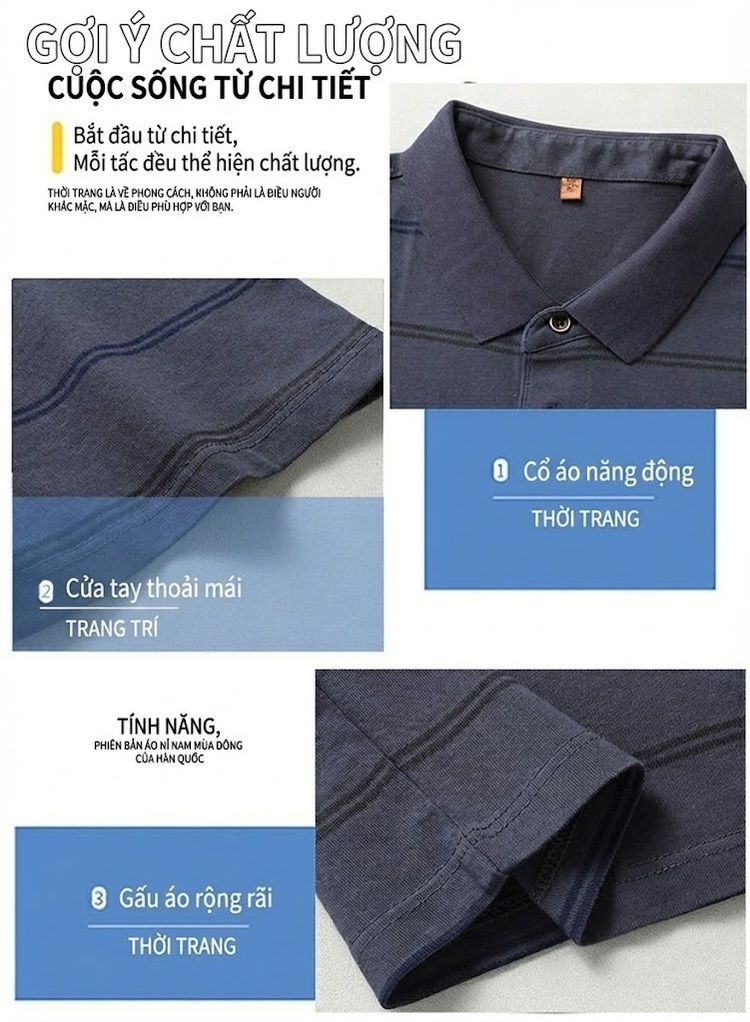 Áo Polo Sọc Tay Ngắn Nam Cỡ Lớn Thoáng Mát Màu Xanh Navy, Xanh Rêu, Nâu chi tiết 9