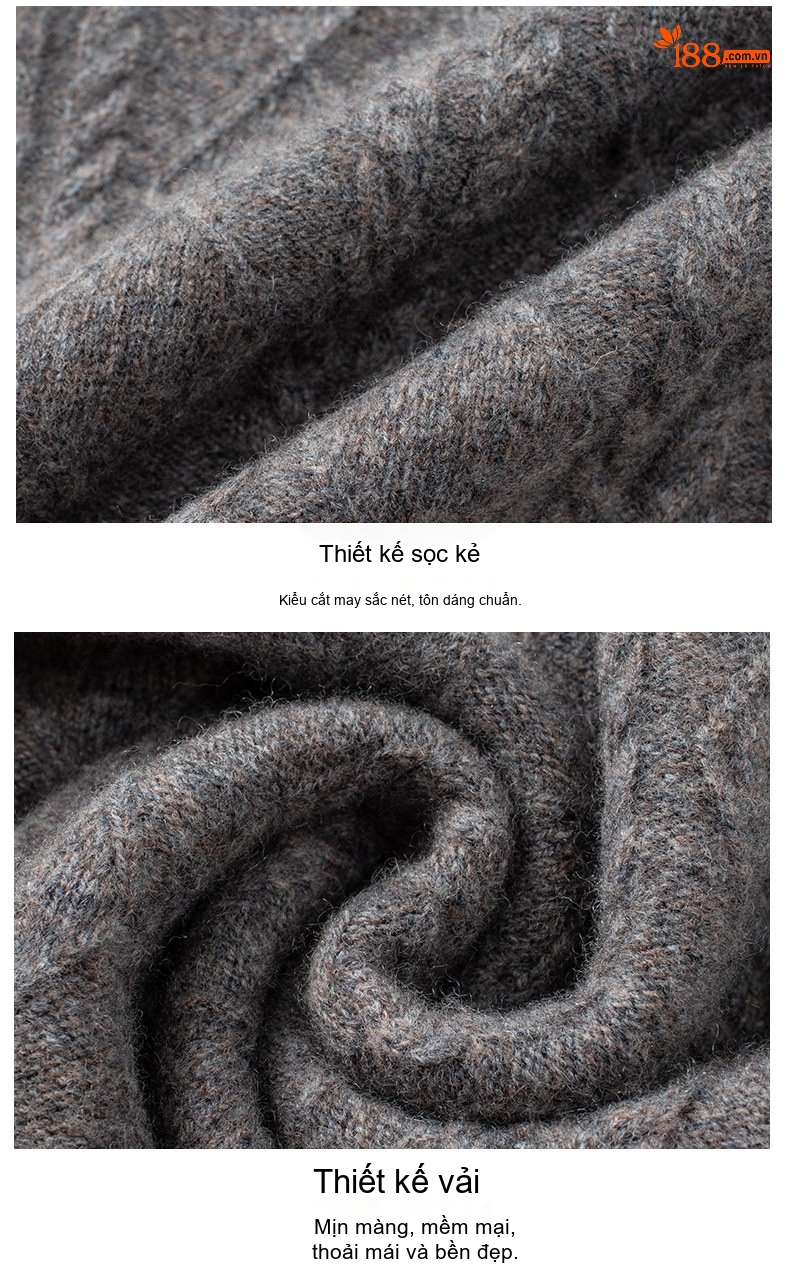 Áo Len Nam 100% Lông Cừu Cashmere Dệt Kim Cổ Bán Tròn Họa Tiết Màu Nâu, Xám, Xanh Đen... chi tiết 21