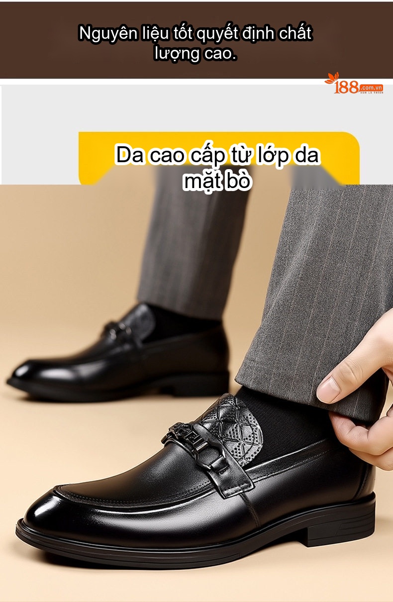 Giày Lười Nam Da Bò Mũi Tròn Chiều Cao Đế Khoảng 3cm Màu Đen, Nâu chi tiết 1