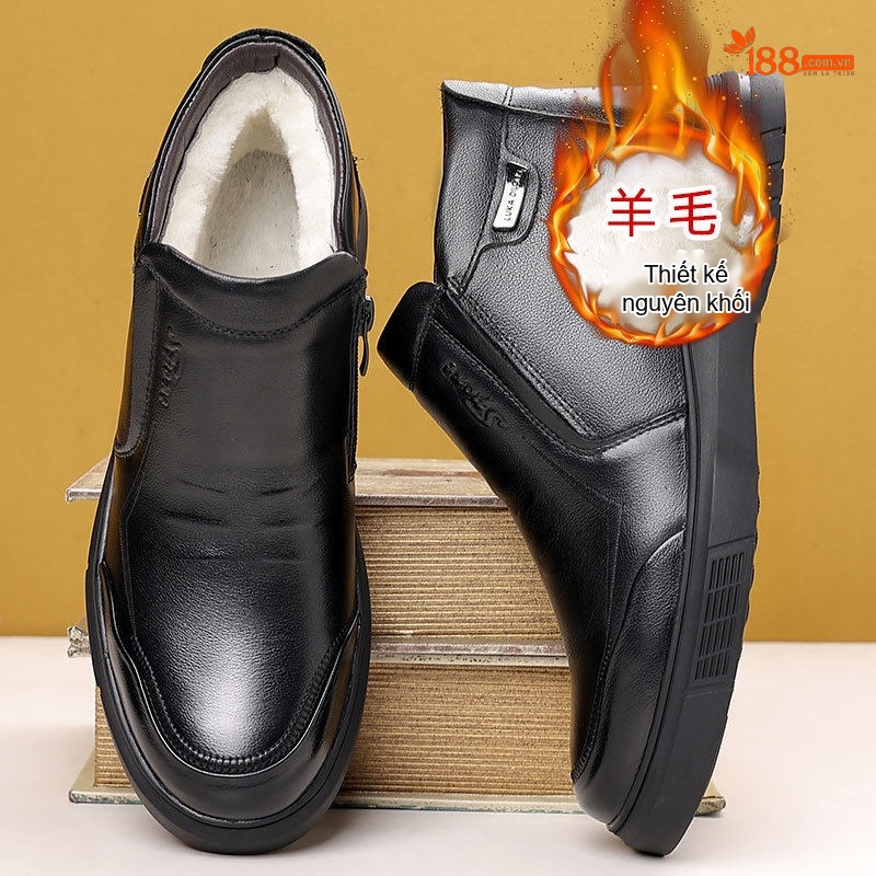 Giày Cao Cổ Nam Da Thật Lót Lông Cừu Giữ Ấm Chiều Cao Đế Khoảng 3cm Màu Đen