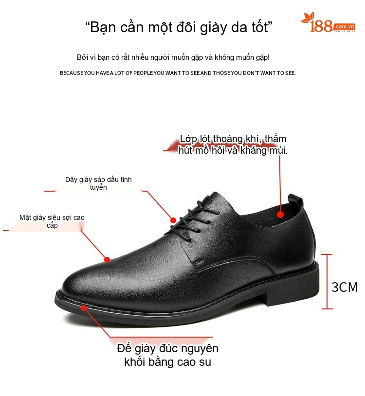 Giày Tây Buộc Dây Nam Da Mềm Chiều Cao Đế Khoảng 3cm Màu Đen chi tiết 2