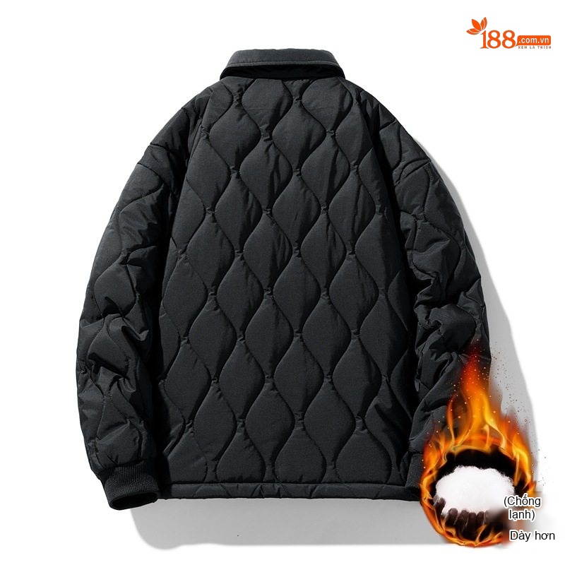 Áo Khoác Bông Nam Cổ Bẻ Họa Tiết Trám Thêu Chữ Phong Cách Casual Màu Đen, Trắng Kem