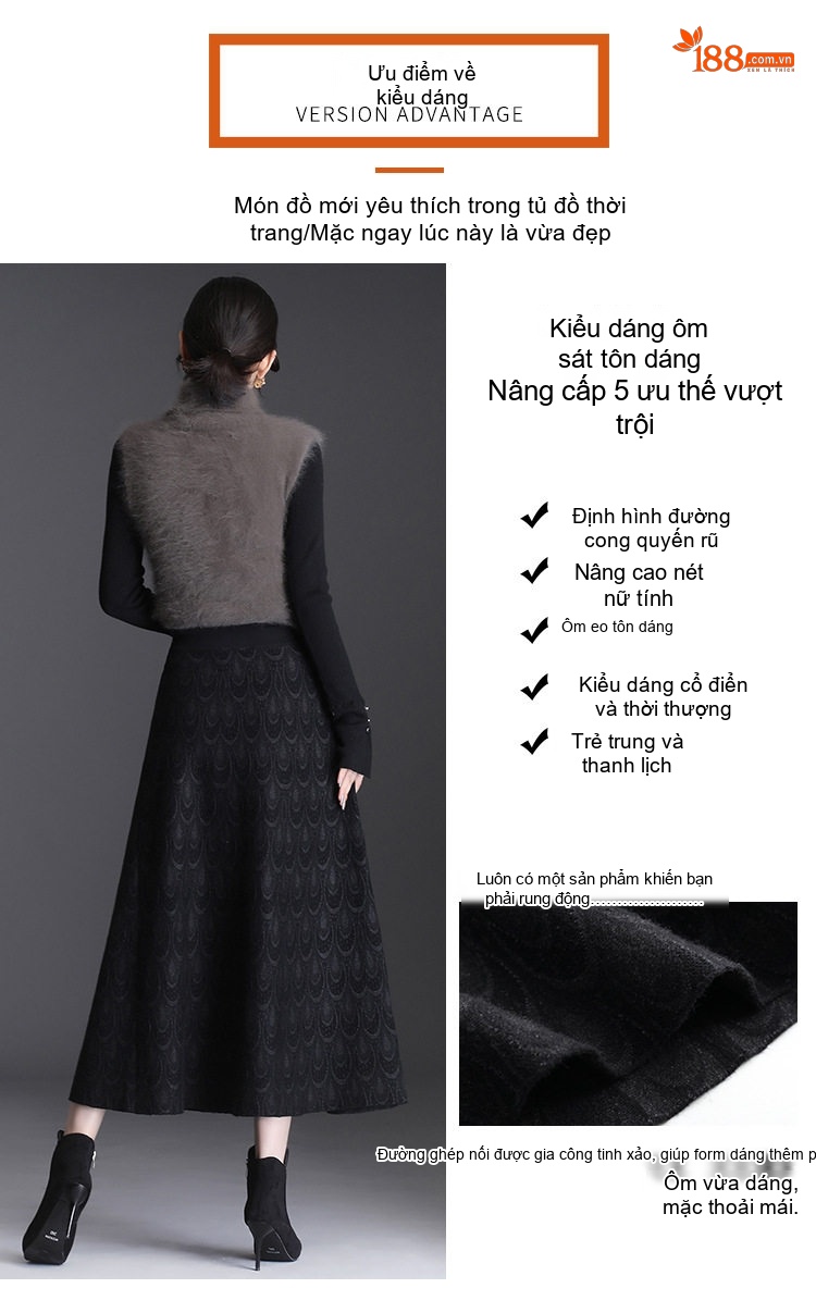Chân Váy Dệt Kim Lông Cừu Nữ Chữ A Lưng Cao Dáng Dài Màu Đen chi tiết 5