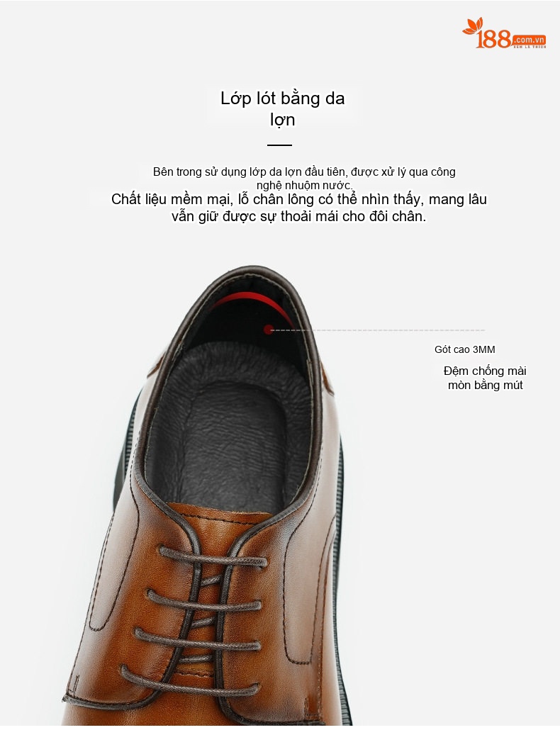 Giày Tây Buộc Dây Nam Da Thật Đế Dày Chiều Cao Đế Khoảng 4cm Màu Đen, Nâu chi tiết 9