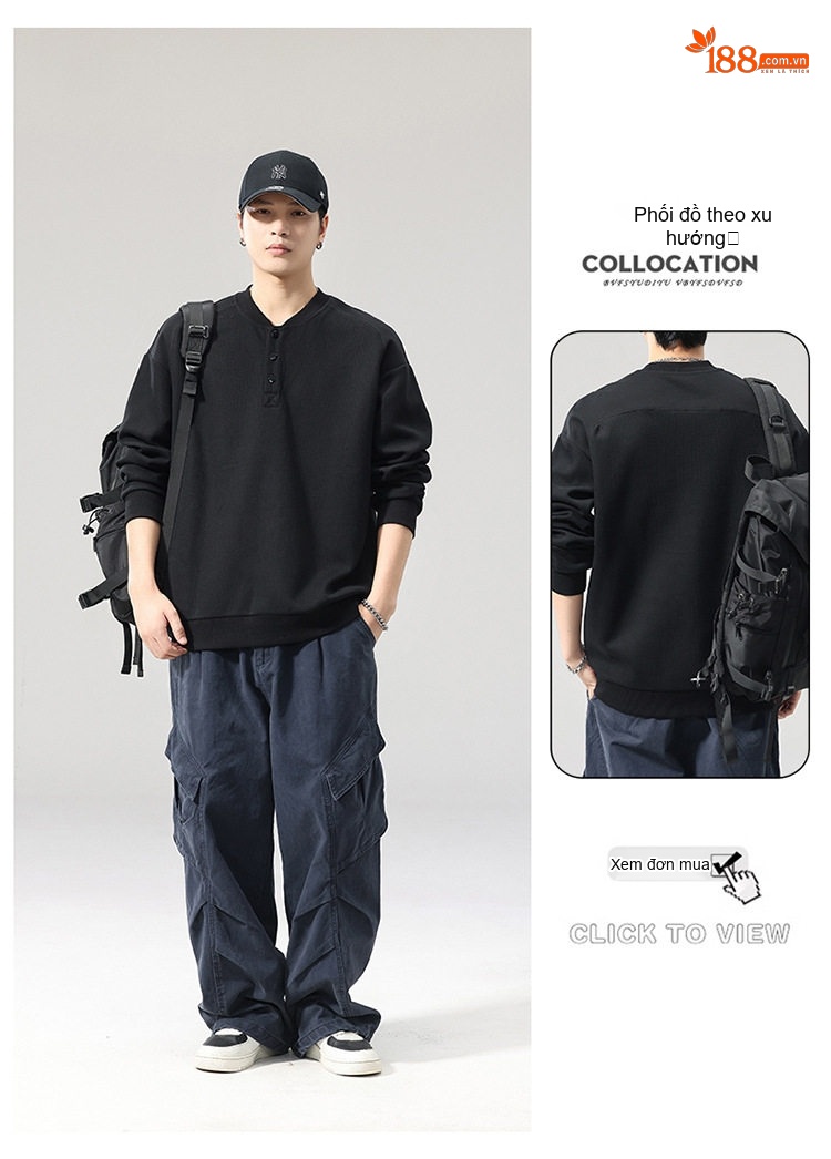 Áo Sweatshirt Tay Dài Cổ Henley Phong Cách Retro Mỹ Form Rộng Màu Đen, Xanh Olive, Đỏ Tía chi tiết 21