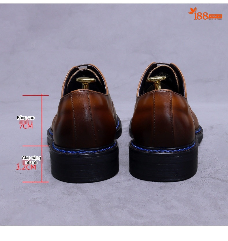 Giày Tây Buộc Dây Nam Da Bò Ba Mảnh Chiều Cao Đế Khoảng 3cm Màu Đen, Nâu chi tiết 18