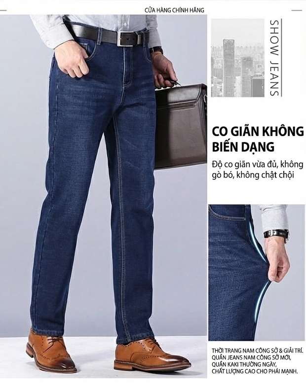 Quần Jean Nam Dáng Suông Lót Lông Dày Dặn Co Giãn Màu Xanh chi tiết 17
