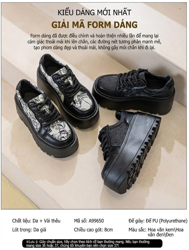 Giày Sneaker Nữ Đế Dày Thêu Họa Tiết Chiều Cao Đế Khoảng 5cm Màu Đen, Trắng chi tiết 3