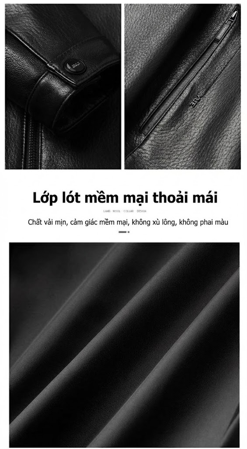 Áo Khoác Da Thật Nam Hải Ninh Dáng Đứng Cao Cấp Màu Đen chi tiết 4