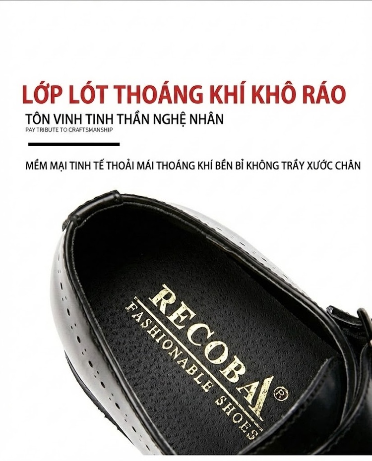 Giày Tây Monk Strap Nam Da Bóng Brogue Chiều Cao Đế Khoảng 3cm Màu Đen chi tiết 7