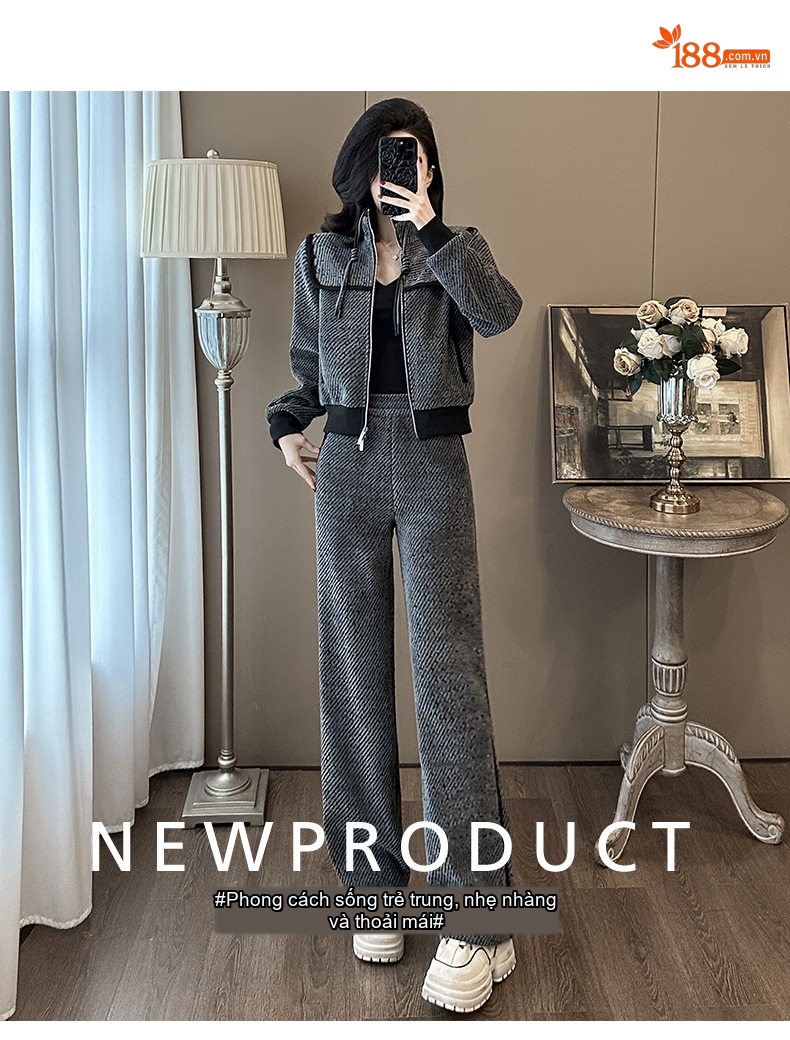 Bộ Đồ Thể Thao Nữ Dáng Rộng Thu Đông Lót Lông Dệt Kim chi tiết 1