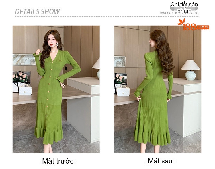 Váy Dệt Kim Nữ Cổ chữ V Tay Dài Xếp Ly Viền Bèo Nhún Màu Đen, Kem, Xanh chi tiết 3