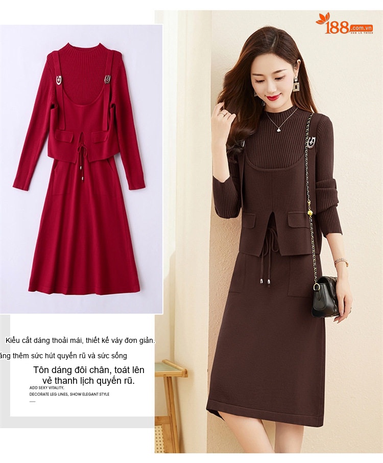 Set Váy liền thân Nữ Dệt Kim Áo Khoác Lửng Xẻ Tà Phong Cách Thanh Lịch Màu Be, Nâu, Tím, Đỏ chi tiết 6