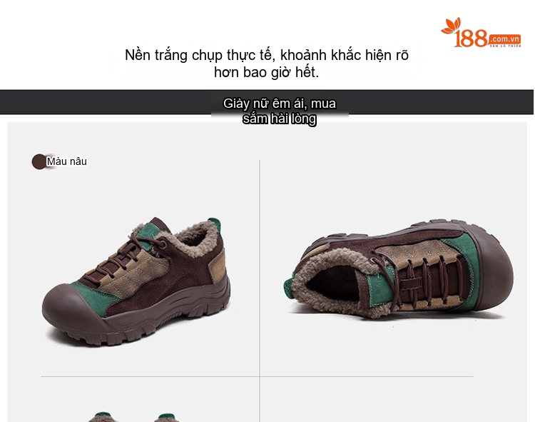 Giày Cotton Nữ Cổ Thấp Lót Lông Chiều Cao Đế Khoảng 3cm Màu Nâu, Vàng, Xanh Lá chi tiết 12