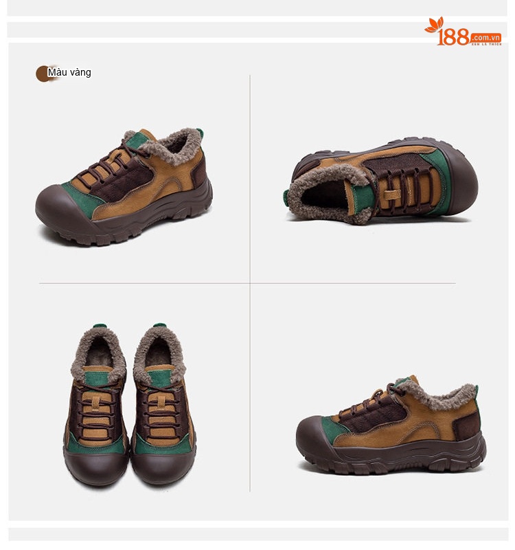 Giày Cotton Nữ Cổ Thấp Lót Lông Chiều Cao Đế Khoảng 3cm Màu Nâu, Vàng, Xanh Lá chi tiết 13