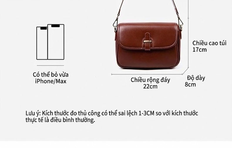 Túi Đeo Chéo Nữ Da Bò Kiểu Dáng Vuông Nhỏ Màu Nâu, Đen chi tiết 3