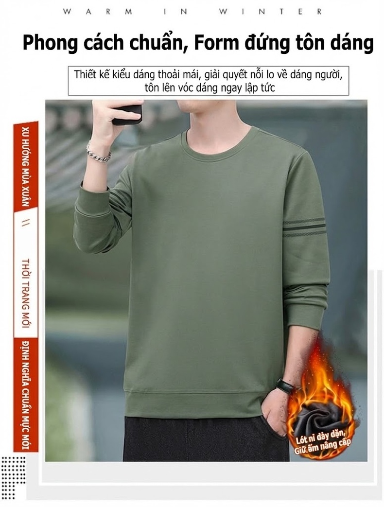 Áo Thun Tay Dài Nam Cổ Tròn Phong Cách Thể Thao Màu Xanh Navy, Xám chi tiết 2