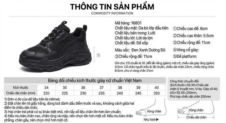 Giày Sneaker Nữ Lưới Thoáng Khí Đế Bánh Mì Chiều Cao Đế Khoảng 5cm Màu Đen, Đỏ, Xám chi tiết 2