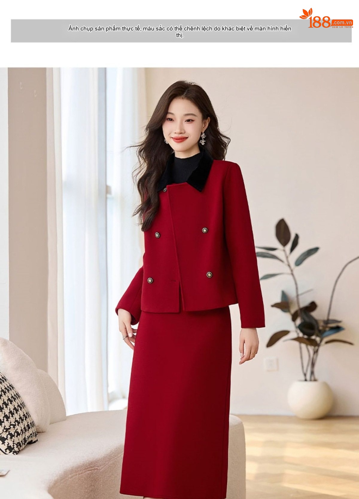 Set Áo Khoác Lông Nỉ Quần Chân Váy Chữ A Dáng Dài Cao Cấp Màu Đỏ chi tiết 10