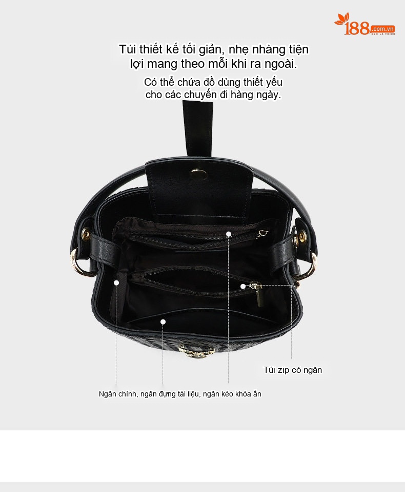 Túi Đeo Chéo Nữ Da Thật Kiểu Túi Bucket Quai Xách Tay Dáng Thùng Màu Đen chi tiết 5