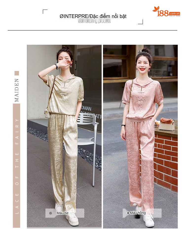 Bộ Quần Áo Nữ Họa Tiết Thêu, Cổ Tàu, Tay Ngắn Phong Cách Retro Màu Vàng, Hồng chi tiết 5
