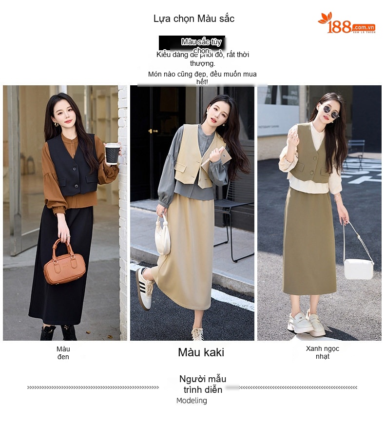 Set Bộ Vest Gile Nữ Áo Dài Tay Chân Váy Midi Thanh Lịch Màu Đen, Be, Xanh Olive chi tiết 11