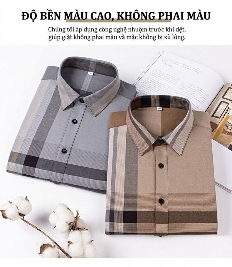 Áo Sơ Mi Dài Tay Nam Sợi Tre Họa Tiết Kẻ Caro Màu Xám, Nâu, Đen, Xanh Navy... chi tiết 2
