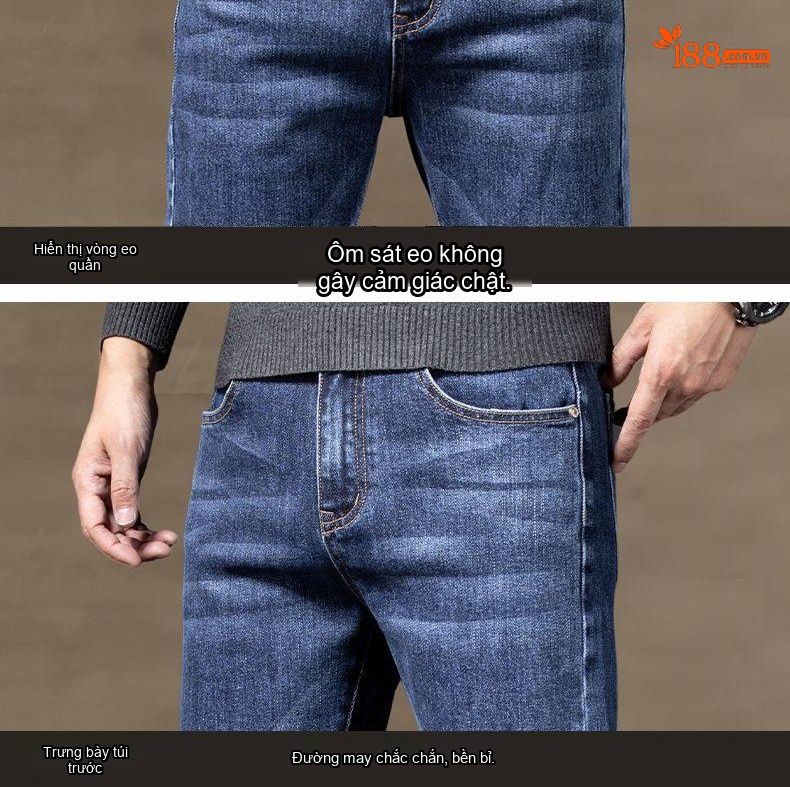 Quần Jean Nam Dáng Ôm Vừa, Ống Đứng, Co Giãn, Phong Cách Lịch Lãm Màu Xanh Denim chi tiết 20