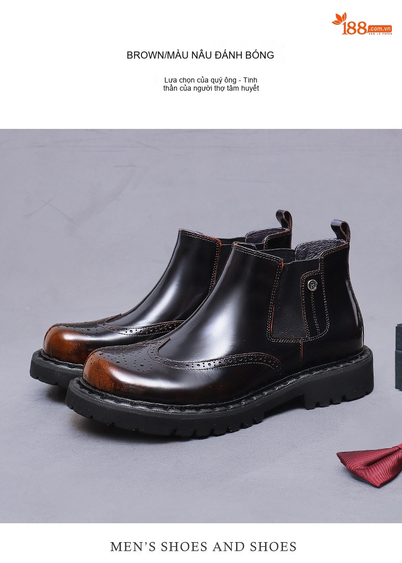 Giày Chelsea Boots Nam Da Bóng Đế Cao Chiều Cao Đế Khoảng 4cm Màu Đen, Nâu chi tiết 5