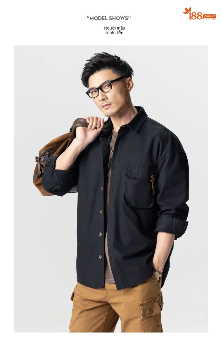 Áo Sơ Mi Nam Cotton Dáng Rộng Phong Cách Retro Màu Xanh Rêu, Nâu, Đen chi tiết 7