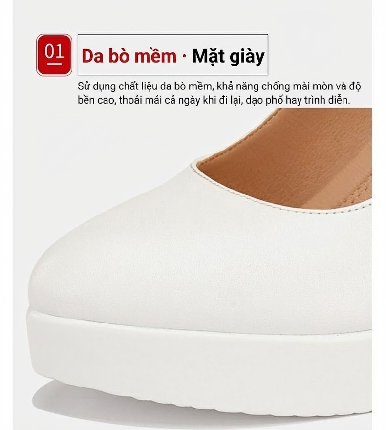 Giày Cao Gót Nữ Da Thật Mũi Nhọn Chiều Cao Đế Khoảng 7cm Màu Trắng, Đen, Đỏ chi tiết 5