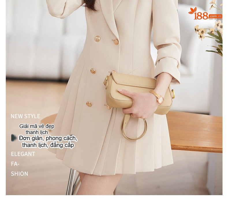 Váy Đầm Công Sở Nữ Dáng Vest Xếp Ly Cao Cấp Màu Đen, Hồng, Kem chi tiết 3
