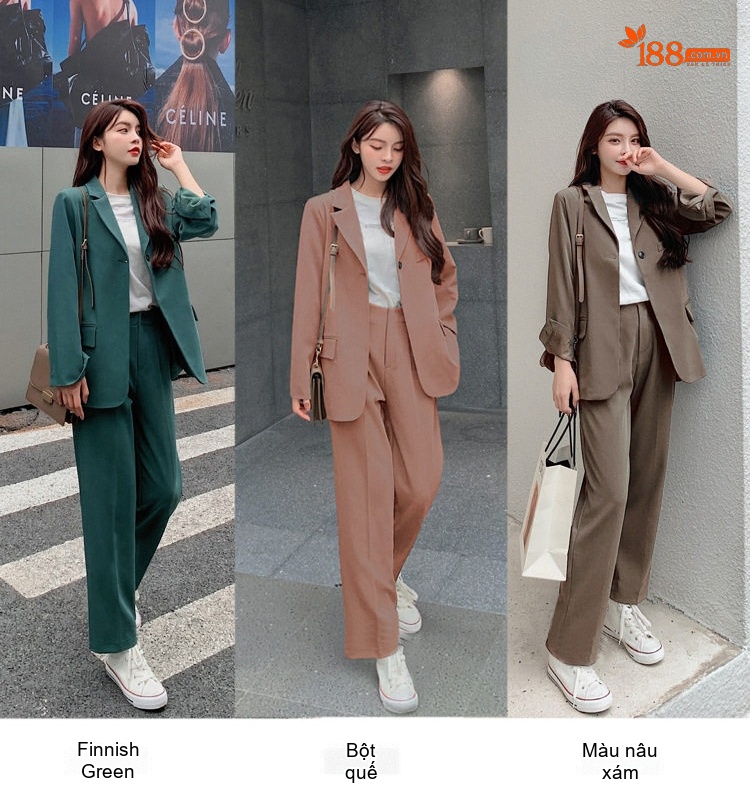 Bộ Vest Nữ Áo Khoác Tay Dài Quần Dài Ống Rộng Phong Cách Hàn Quốc Màu Nâu, Hồng, Xanh... chi tiết 4