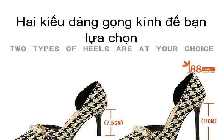 Giày Cao Gót Nữ Vải Họa Tiết Houndstooth Khoét Hông Chiều Cao Đế Khoảng 8cm Màu Đen, Kem chi tiết 1