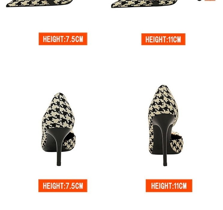 Giày Cao Gót Nữ Vải Họa Tiết Houndstooth Khoét Hông Chiều Cao Đế Khoảng 8cm Màu Đen, Kem chi tiết 2