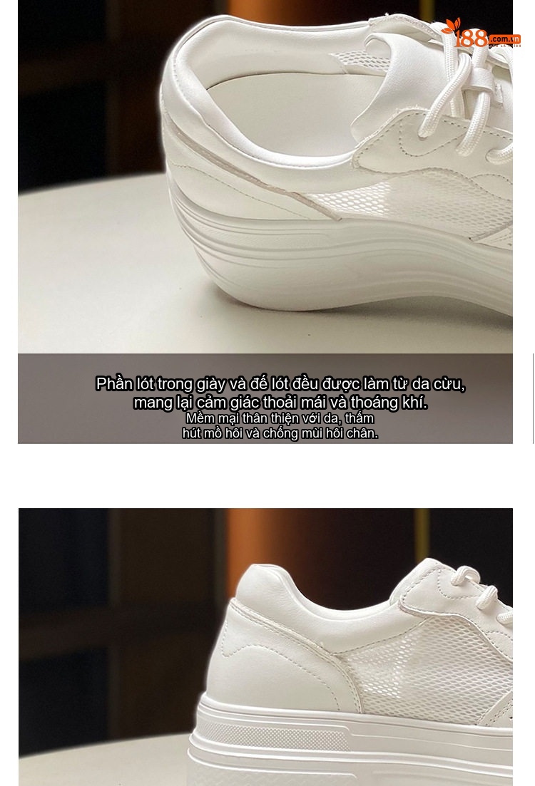 Giày Sneaker Nữ Da Bò Lớp Đầu Vải Lưới Chiều Cao Đế 7cm Màu Trắng chi tiết 6