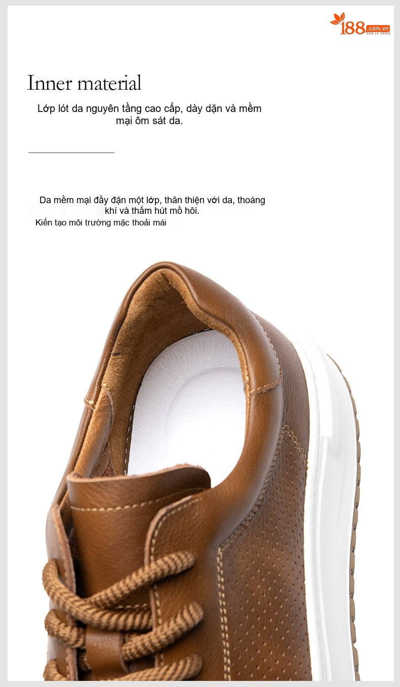 Giày Sneaker Nam Da Thật Thoáng Khí Chiều Cao Đế Khoảng 3.5cm Màu Trắng, Đen, Nâu chi tiết 13