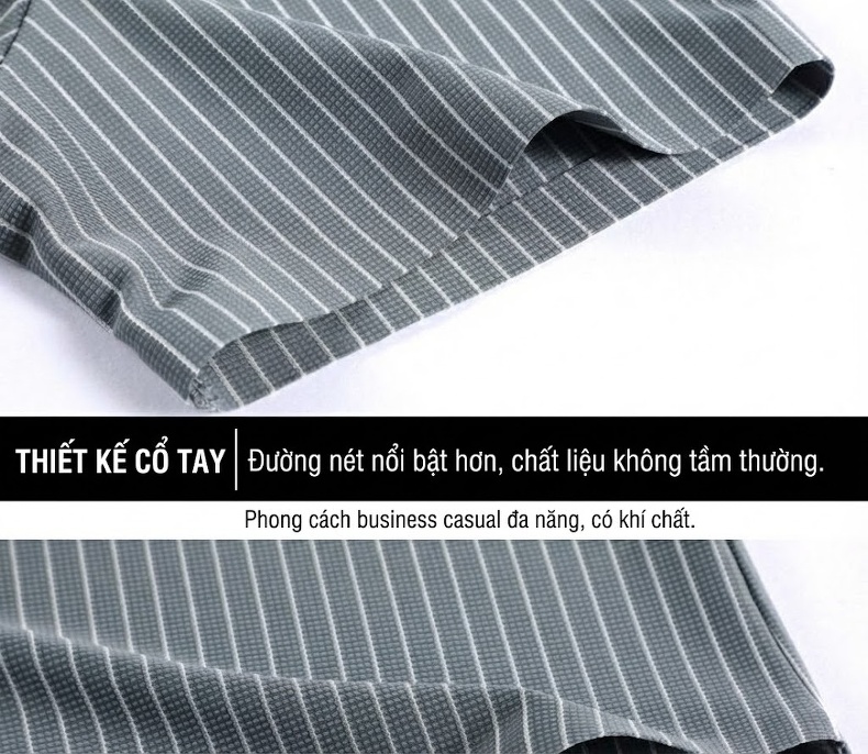 Áo Sơ Mi Nam Trung Niên Lụa Tằm Ngắn Tay Họa Tiết Kẻ Sọc Chống Nhăn Màu Xám, Xanh Đen chi tiết 20