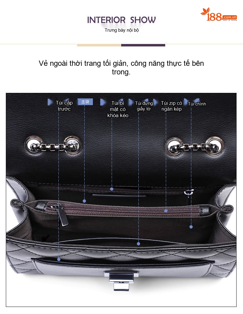Túi Đeo Chéo Nữ Da Thật Dây Xích Thời Trang Cao Cấp Màu Đen chi tiết 27
