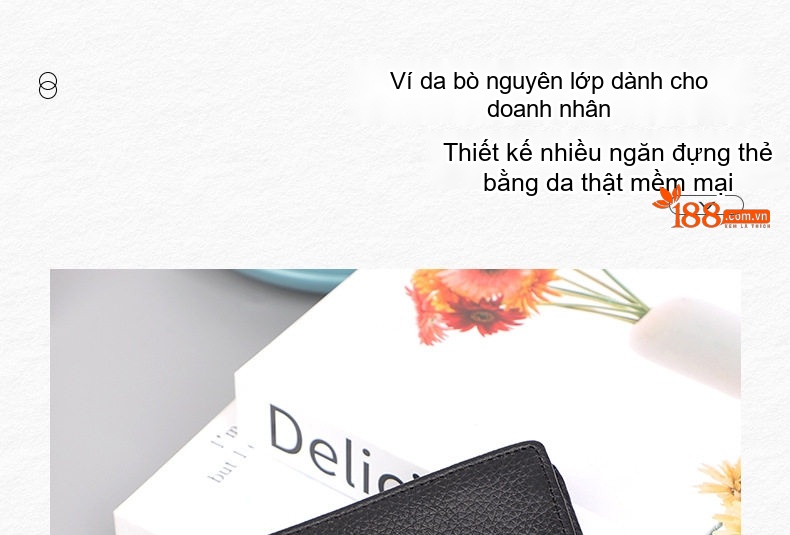 Ví da thật nam nhiều ngăn đựng thẻ, tiền, giấy tờ màu đen chi tiết 1